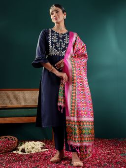 Varanga - Navy Blue Embroidered Straight Kurta with Pant & Dupatta (Set of 3)