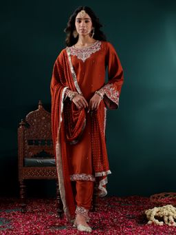 Varanga - Rust Embroidered Kurta with Pant and Dupatta (Set of 3)