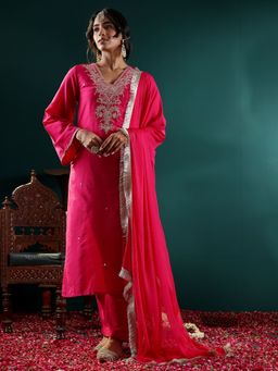 Varanga - Fuchsia Pink Embroidered Kurta with Pant and Dupatta (Set of 3)