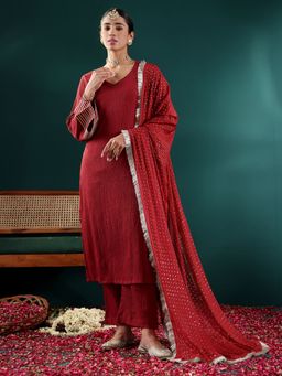 Varanga - Maroon Solid V-Neck Embellished Gota Kurta with Pant & Dupatta (Set of 3)