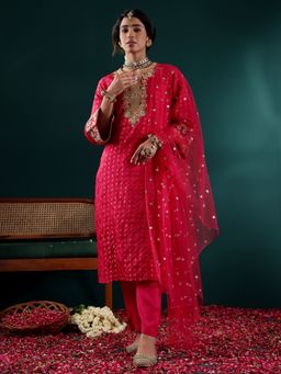 Varanga - Pink Zari Embroidered Straight Kurta with Tonal Pant & Dupatta (Set of 3)