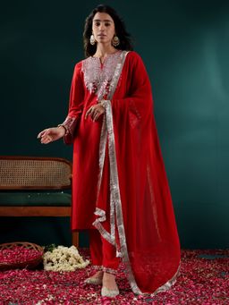 Varanga - Red Embroidered Straight Kurta Paired with Tonal Pant and Dupatta (Set of 3)