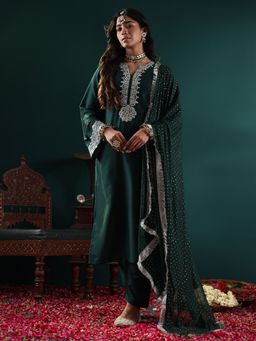 Varanga - Green Round Neck Embroidered Kurta with Pant and Dupatta (Set of 3)