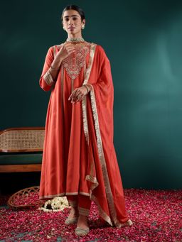 Varanga - Orange Zari and Sequins Embroidered Anarkali Kurta with Pant and Dupatta (Set of 3)