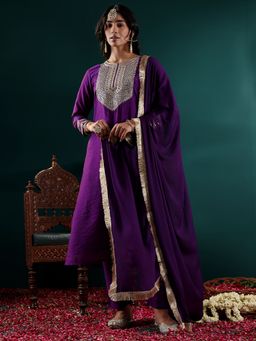 Varanga - Purple Embroidered Kurta with Pant and Dupatta (Set of 3)