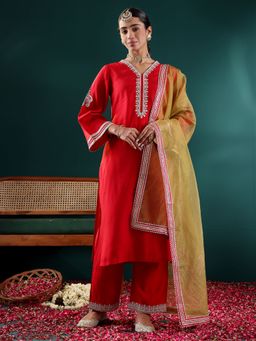 Varanga - Red Zari Embroidered Kurta with Pant and Dupatta (Set of 3)