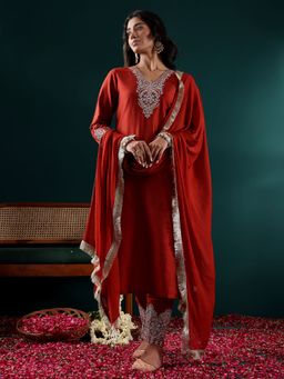 Varanga - Rust Thread and Sequins Embroidered Kurta with Pant and Dupatta (Set of 3)