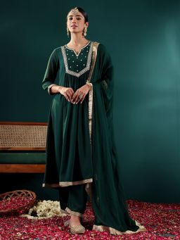 Varanga - Green Mirror Embroidered Anarkali Kurta with Pant & Dupatta (Set of 3)