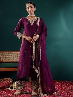 Varanga - Purple Embroidered Embellished Kurta with Pant & Dupatta (Set of 3)
