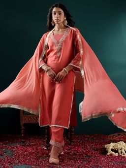 Varanga - Peach Zari Embroidered Embellished Kurta with Pant & Dupatta (Set of 3)