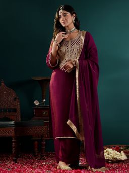 Varanga - Wine Zari Embroidered Kurta with Pant and Dupatta (Set of 3)