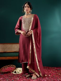 Varanga - Burgundy Zari Embroidered Kurta with Pant and Dupatta (Set of 3)