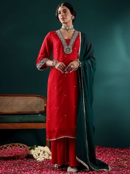 Varanga - Red Contrast Zari Embroidered Kurta with Sharara and Dupatta (Set of 3)