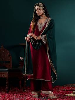 Varanga - Maroon Contrast Zari Embroidered Kurta with Pant and Dupatta (Set of 3)