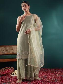 Varanga - Sea Green Zari Embellished Sequins Kurta with Sharara and Dupatta (Set of 3)