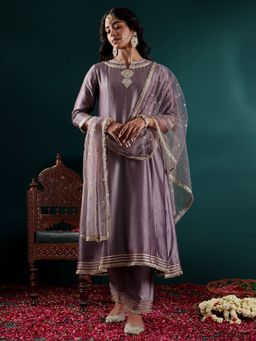 Varanga - Lavender Zari Lace Embroidered A Line Kurta with Pant and Dupatta (Set of 3)