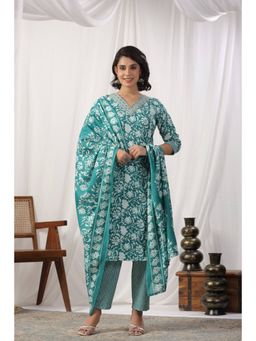 Varanga - Teal Floral Printed Kurta with Pant and Dupatta (Set of 3)