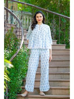 The Kapas - All White Floral Print Women Co-ord (Set of 2)