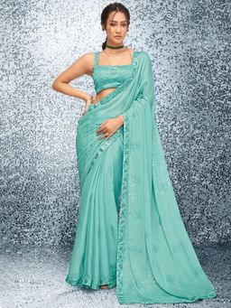 Akhilam - Womens Satin Blue Embellished Designer Saree with Unstitched Blouse