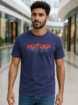 Bewakoof - Blue Typography Casual Cotton T-Shirt