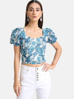 Kazo - Blue Floral Palm Print Crop Top