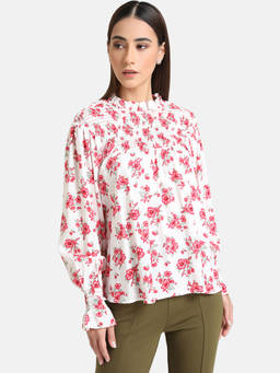 Kazo - Pink Floral Print Smocked Top