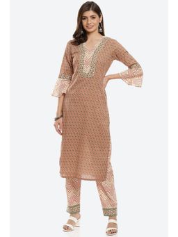 Biba - Beige Cotton 2 Piece Unstitched Suit; Combines Kurta and Bottom Wear (Set of 2)