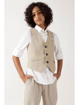 One Friday - Boys Beige Sleeveless Stripes Waistcoat