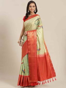 Silk Land - Banarasi Art Silk Woven Saree with Unstitched Blouse Piece Green with Unstitched