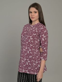 MAYSIXTY - Women Pure Soft Cotton Printed Mandarin Neck Purple Top