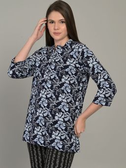 MAYSIXTY - Women Pure Soft Cotton Printed Mandarin Neck Navy Blue Top