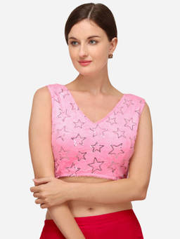 Amrutam Fab - Womens Sequences Light Pink Silk Stiched Blouse With V Neck