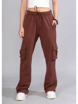 PRONK - Brown Women Premium Terry Cargo Track Pant