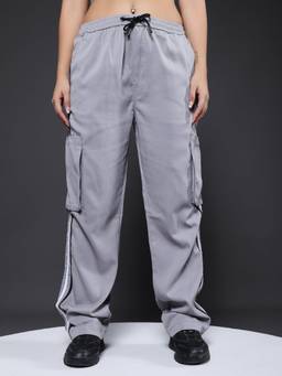PRONK - Grey Women Striped Cargo Track Pant