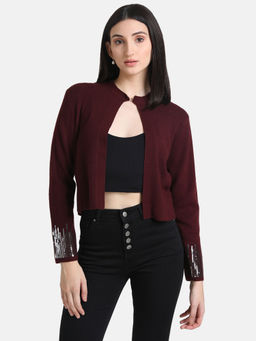 Kazo - Maroon Solid Cape With Sequin Embellished Sleeves