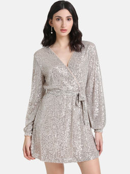 Kazo - Silver Sequin Flared Mini Dress With Belt