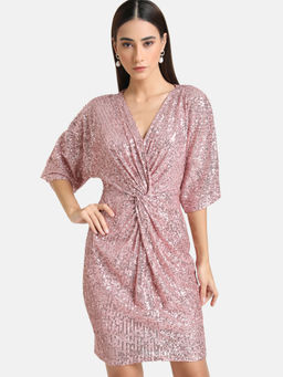 Kazo - Pink Sequined Front Knot Sequin Mini Dress