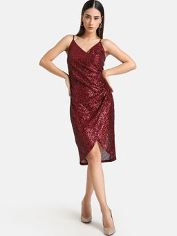 Kazo - Maroon Sequined Wrap Speghatti Midi Dress