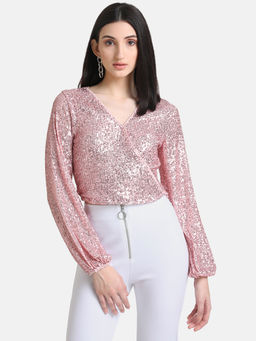 Kazo - Pink Wrap Neck Sequin Top