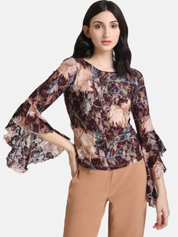 Kazo - Brown Bell Sleeves Floral Printed Lace Top
