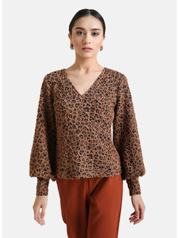 Kazo - Brown Animal Print Jacquard Knit Puff Sleeves Top