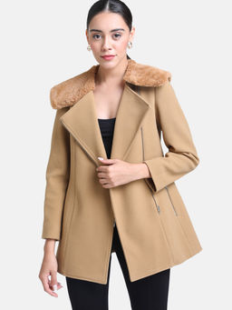 Kazo - Tan Front Zipper Fur Collar Overcoat
