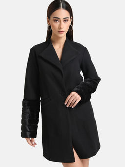 Kazo - Black Solid Overcoat With Fur Detail