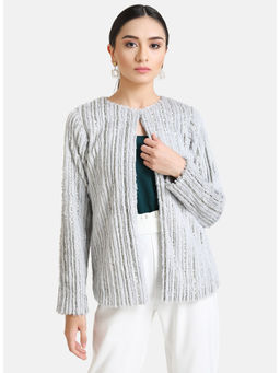 Kazo - Grey Embellished Metallic Stripe Fur Jacket