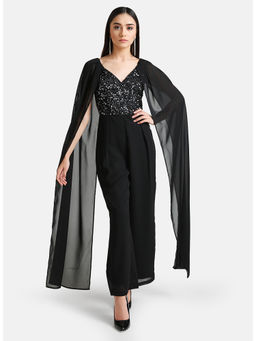 Kazo - Black Embellished Jumpsuit With Cape Sleeves Overlay