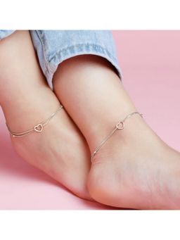 Zavya - Heartfelt Elegance Rhodium-Plated 925 Sterling Silver Heart Anklet- Pair