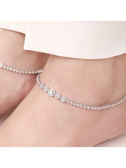 Zavya - Glimmering Fusion Floral CZ Rhodium Plated 925 Sterling Silver Anklet- Pair