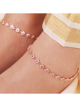 Zavya - Floral Cubic Zirconia Rose Gold Plated 925 Sterling Silver Women's Anklet- Pair