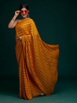Koskii - Mustard Swarovski Georgette Saree with Unstitched Blouse