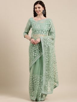 VAIRAGEE - Green Floral Embroidered Net Saree with Unstitched Blouse